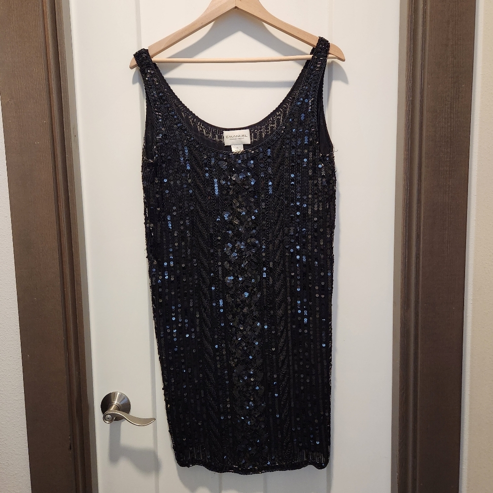 Vtg Emanuel Ungaro black sequins beads cocktail dress sleveless heavy size M